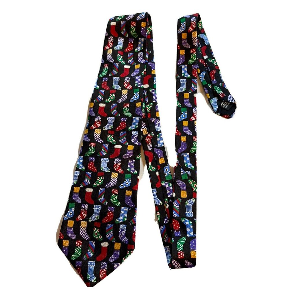 VTG Christmas Stocking Silk Necktie Made In USA 100% Silk Black Festive Design